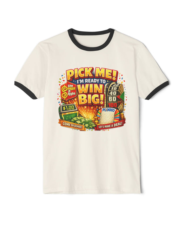 Ringer T-Shirt — “Pick Me! I’m Ready to Win Big!” Vintage Lottery Game Tee (Back 'MIMI')