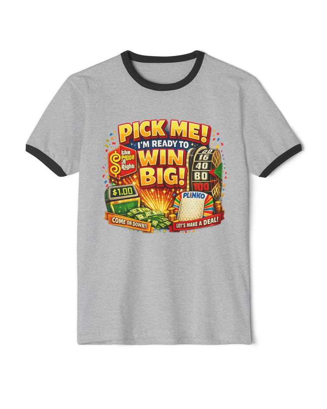 Ringer T-Shirt — “Pick Me! I’m Ready to Win Big!” Vintage Lottery Game Tee (Back 'MIMI')
