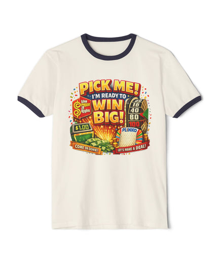 Ringer T-Shirt — “Pick Me! I’m Ready to Win Big!” Vintage Lottery Game Tee (Back 'MIMI')