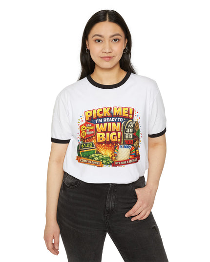 Pick Me! Win Big Casino Graphic Ringer T-Shirt — "Mimi's Birthday Crew" Back