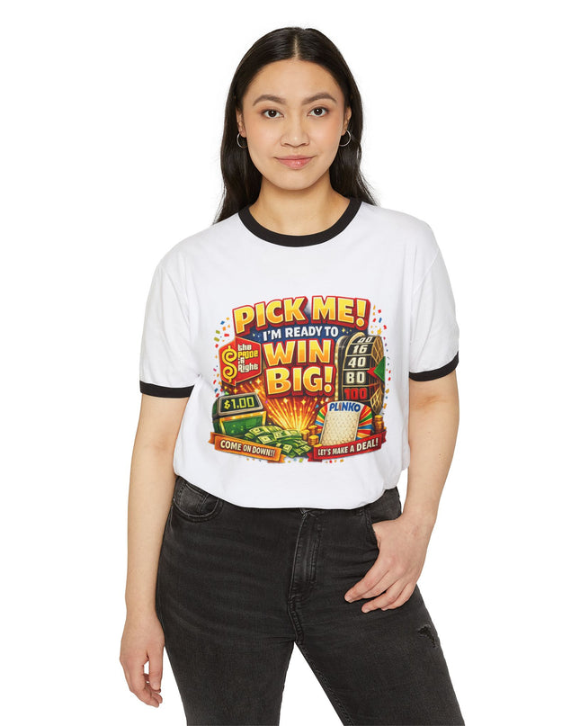 Pick Me! Win Big Casino Graphic Ringer T-Shirt — "Mimi's Birthday Crew" Back