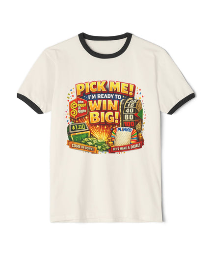 Pick Me! Win Big Casino Graphic Ringer T-Shirt — "Mimi's Birthday Crew" Back