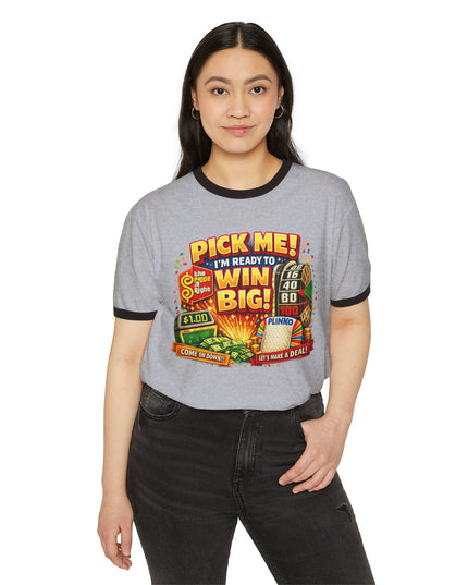 Ringer T-Shirt — “Pick Me! I’m Ready to Win Big!” Vintage Lottery Game Tee (Back 'MIMI')