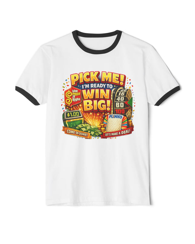 Ringer T-Shirt — “Pick Me! I’m Ready to Win Big!” Vintage Lottery Game Tee (Back 'MIMI')