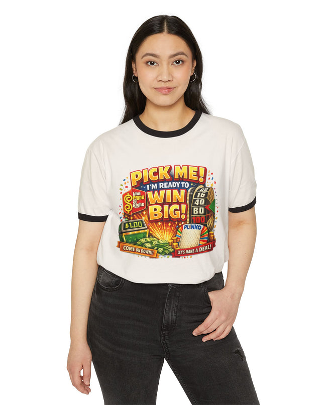Pick Me! Win Big Casino Graphic Ringer T-Shirt — "Mimi's Birthday Crew" Back