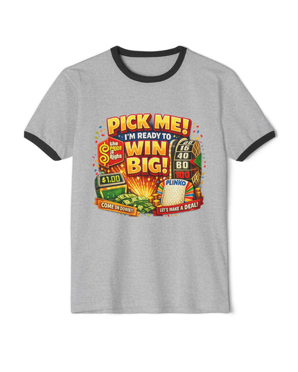 Pick Me! Win Big Casino Graphic Ringer T-Shirt — "Mimi's Birthday Crew" Back