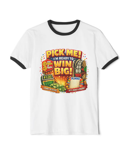Pick Me! Win Big Casino Graphic Ringer T-Shirt — "Mimi's Birthday Crew" Back