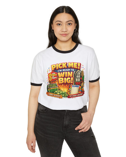 Ringer T-Shirt — “Pick Me! I’m Ready to Win Big!” Vintage Lottery Game Tee (Back 'MIMI')