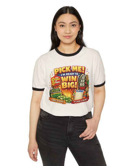 Ringer T-Shirt — “Pick Me! I’m Ready to Win Big!” Vintage Lottery Game Tee (Back 'MIMI')