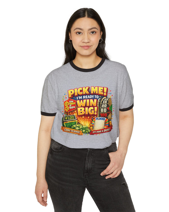 Pick Me! Win Big Casino Graphic Ringer T-Shirt — "Mimi's Birthday Crew" Back